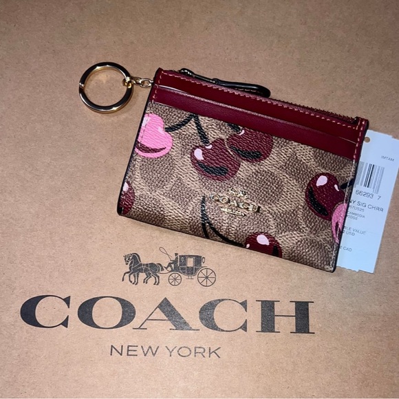 NWT COACH Mini Skinny Id Case Card Wallet & Key Chain w Cherry Print AUTHENTIC - Picture 1 of 8